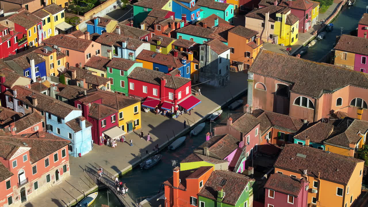 Aerial drone view of the colourful houses of Burano Island, Italy