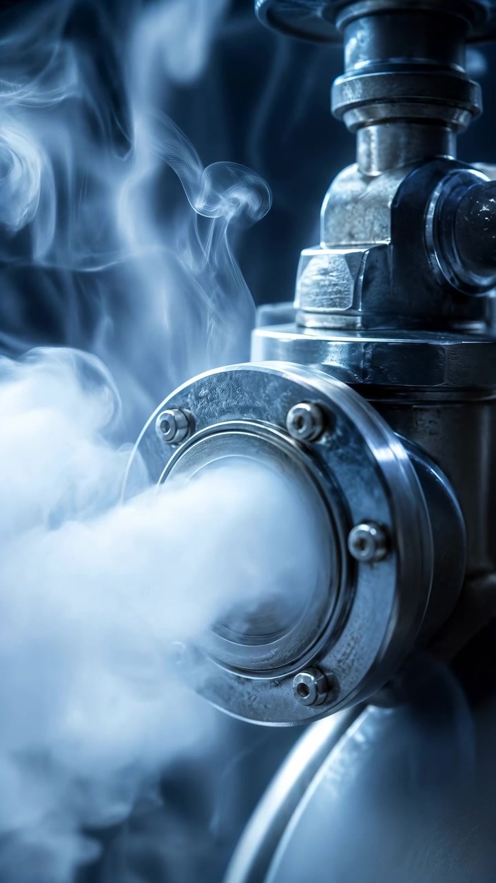 Nærbillede af en industriel ventilmontage i rustfrit stål, der frigiver tæt hvid damp gennem en cirkulær flange, med kølig blå belysning, metalrør, trykaflastning og teksturerede maskinoverflader.