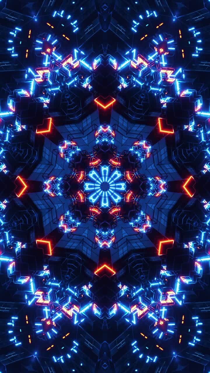 Very colorful and intricate design with blue background. Kaleidoscope VJ loop Vertical