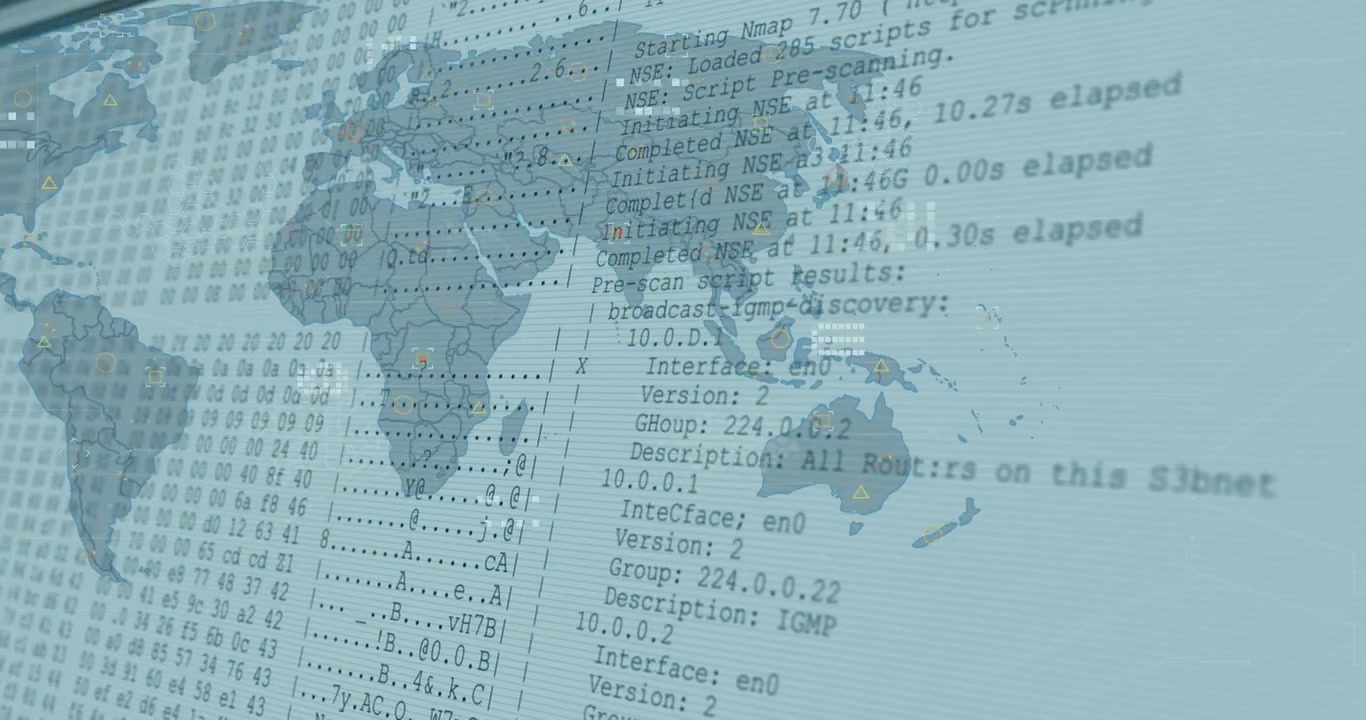World map transforming from outline to HUD, left hex dump sliding in, showing live scan results