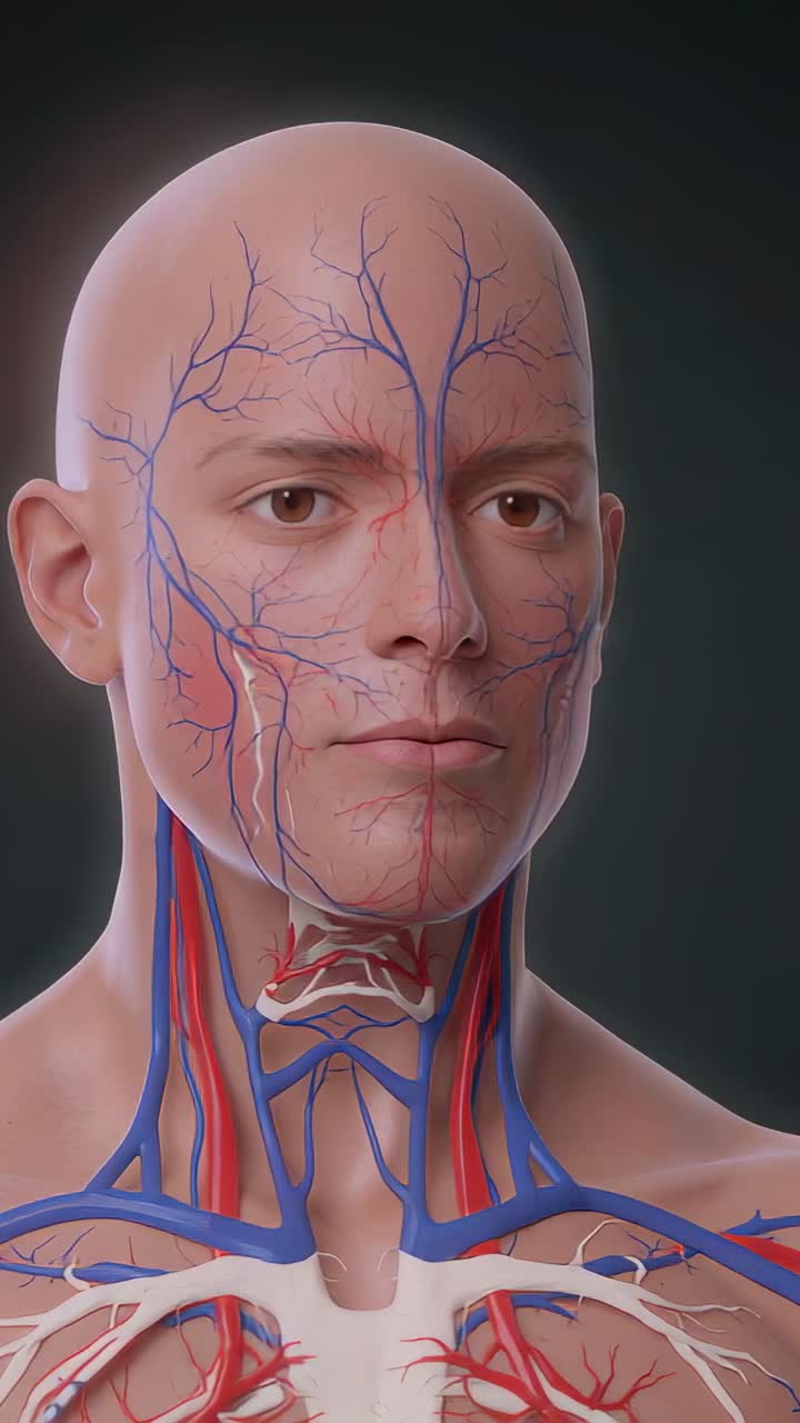Video verticale: Telecamera che gira intorno a un modello di testa maschile in studio mostrando vene facciali e carotidi per lo studio
