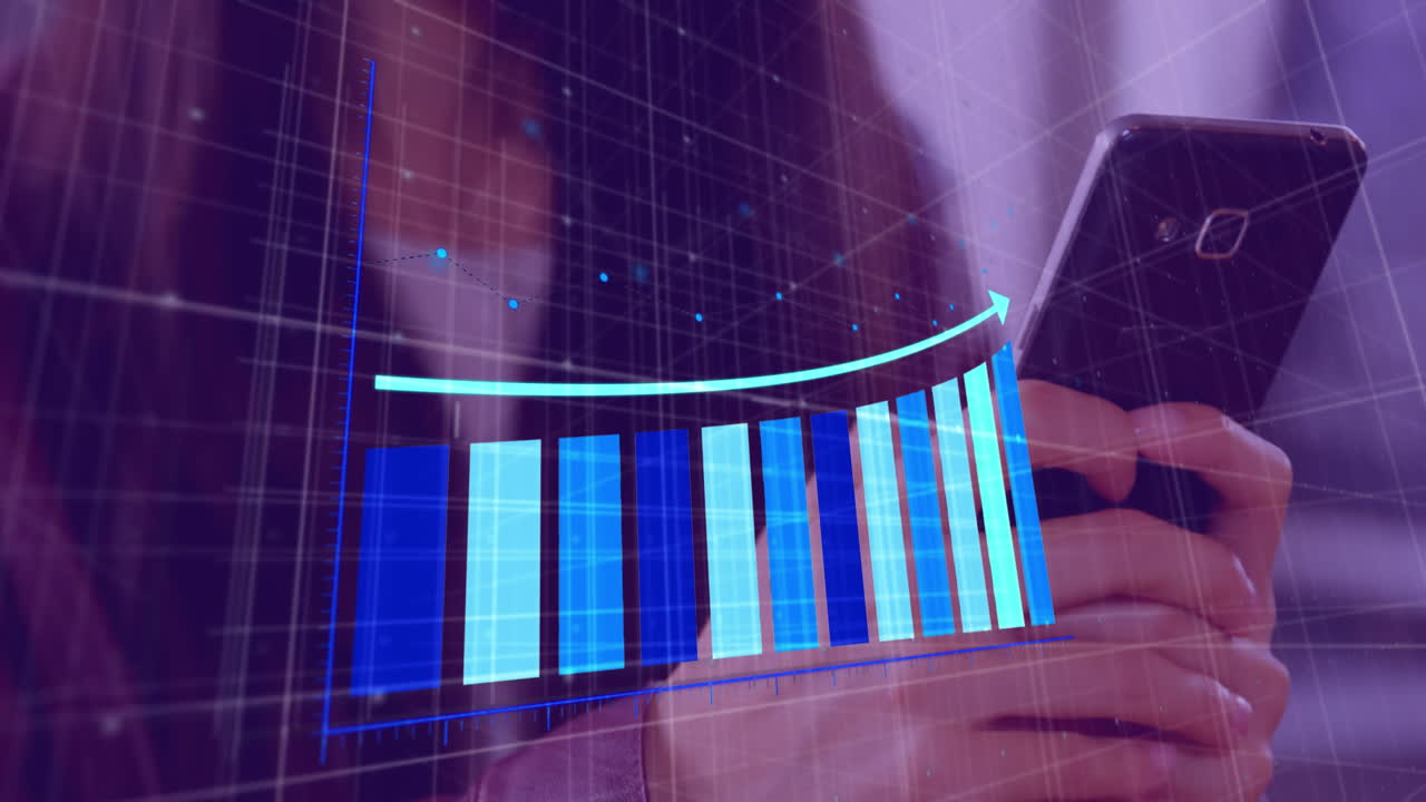 animación de flecha en gráfico sobre patrón de cuadrícula contra mujer asiática sonriente usando teléfono celular