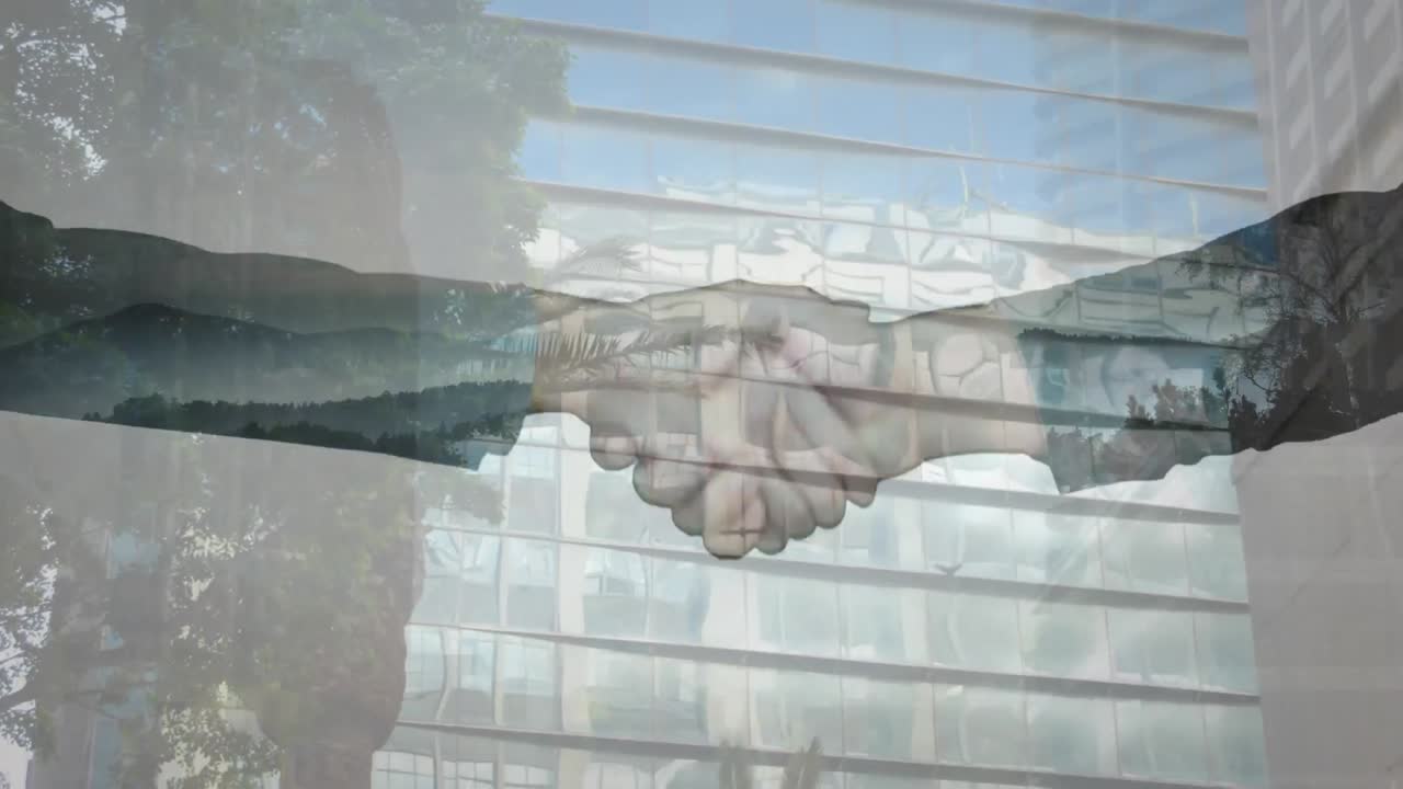 animación del paisaje urbano sobre el apretón de manos de negocios