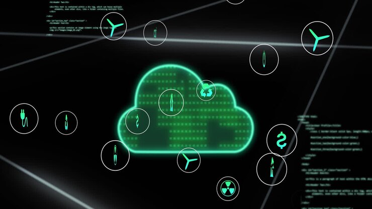 Animation of data processing over cloud and icons