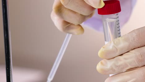 close-up of gloved hands using a pipette to mix solutions in a test tube.
