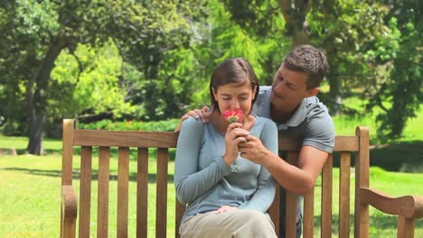 joven ofreciendo una flor a su esposa