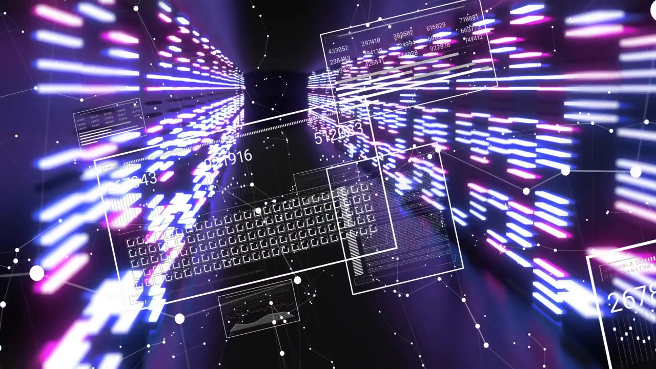Holographic interface streaming neon data tunnel showing wireframe panels and glowing network nodes