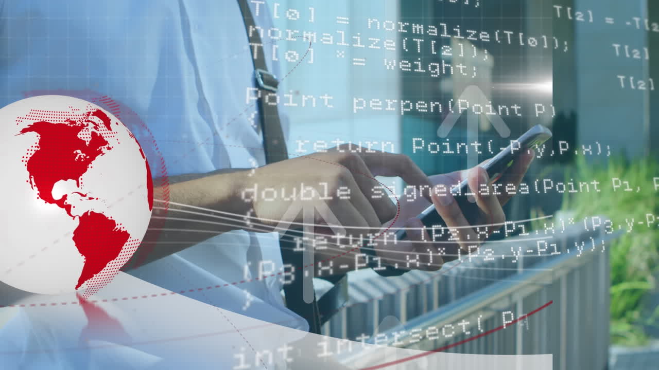 animación del procesamiento de datos y el mundo sobre el hombre biracial usando un teléfono inteligente