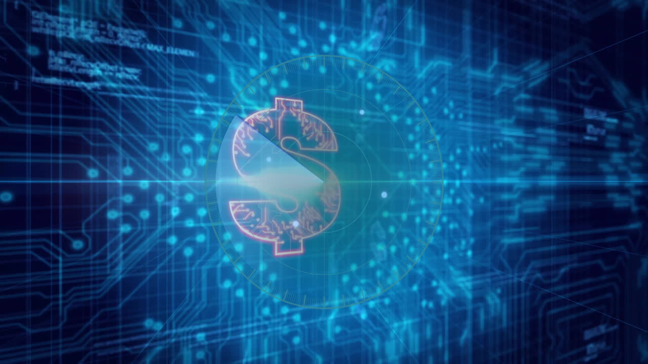 Digital dollar symbol with data processing animation on blue tech background