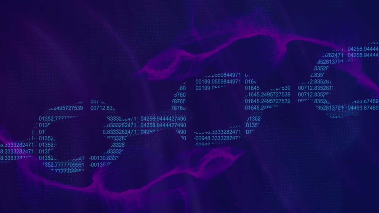 Animation of changing numbers forming blockchain over dynamic waves against abstract background