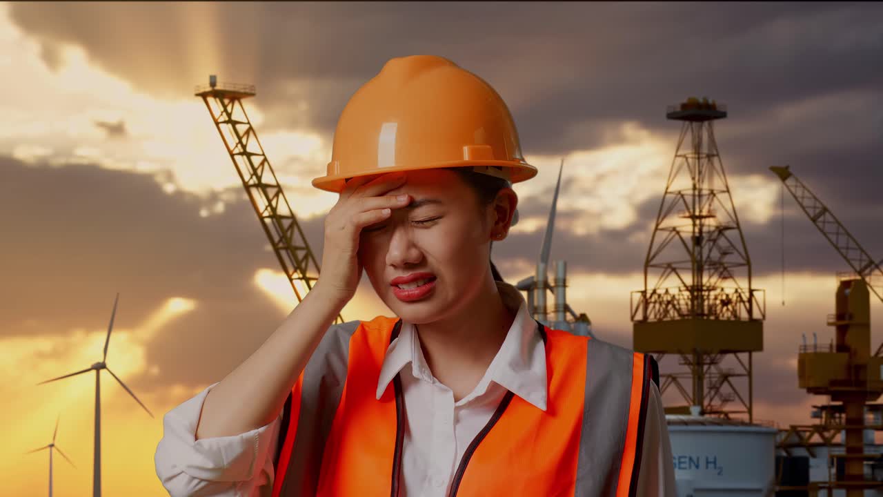 Stressed Engineer on Oil Rig at Sunset