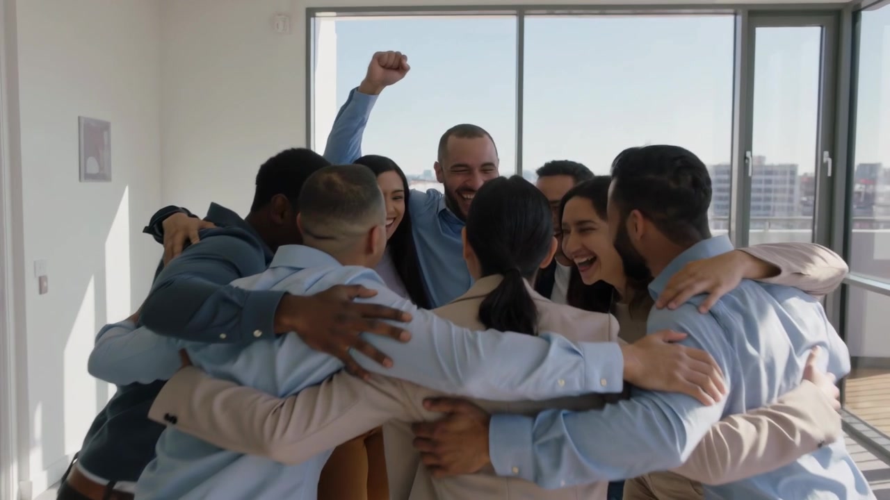 Boss announcing win, team walking in meeting room with laptop, wearing business-casual, forming hug