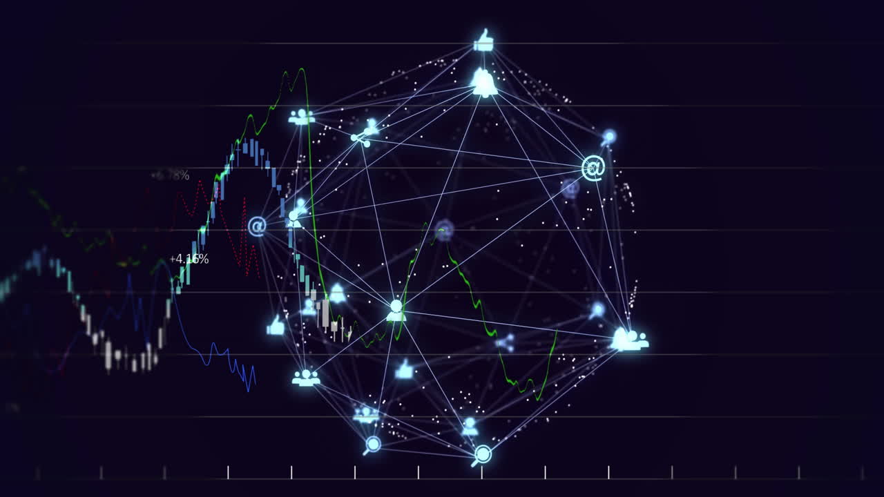 Animation af globalt kommunikationsnetværk og databehandling med grafer på sort baggrund.