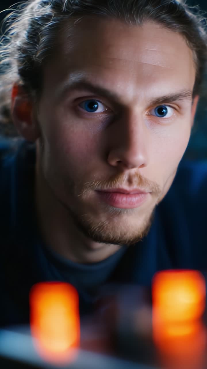 Close-up Portrait of a Young Man with Striking Blue Eyes and an Intense Expression Surrounded by Softly Glowing Lights Creating a Mysterious Atmosphere