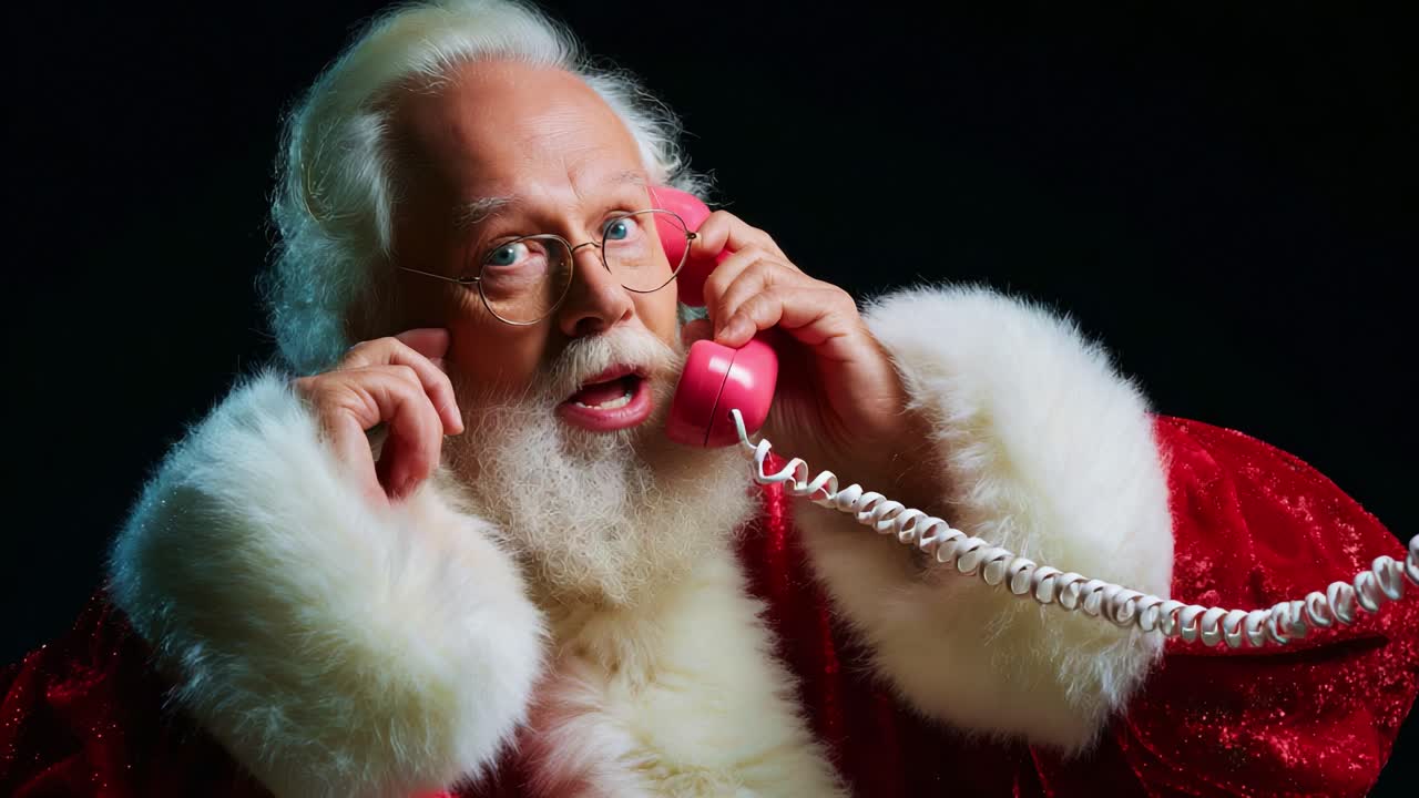 A jolly figure dressed in a vivid red suit adorned with white fur, joyfully converses on a pink telephone, capturing the essence of festive spirit and holiday cheer in a whimsical manner