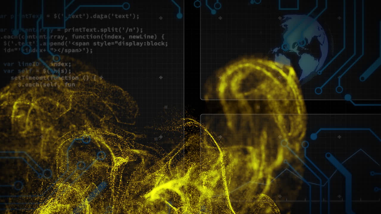 Animation of digital data processing and scope over circuit board and flames