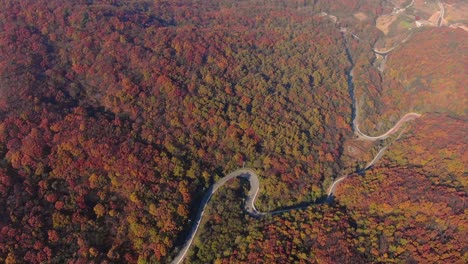 Die-Rot-Gefärbte-Kurvenreiche-Straße-Des-Herbstberges