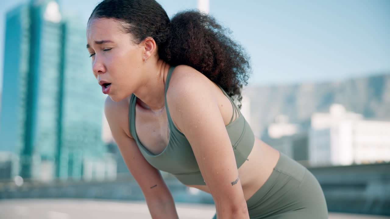 Fitness, breathing and tired with woman