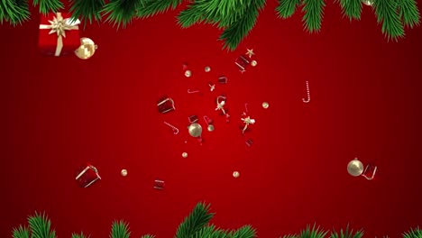 Christmas-tree-branches-over-christmas-gifts,-bauble-and-candy-cane-icons-floating-on-red-background