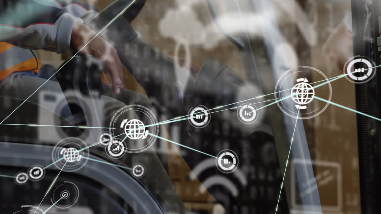 디지털 아이콘의 애니메이션, 창고에서 일하는 두 인종의 남자에 대한 연결 네트워크