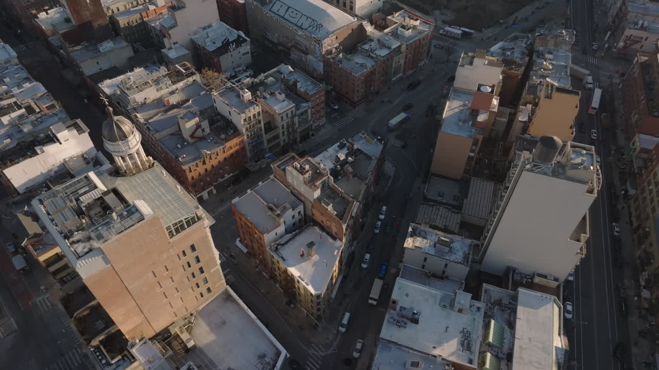 Aerial view of New York City’s Chinatown on a winter morning