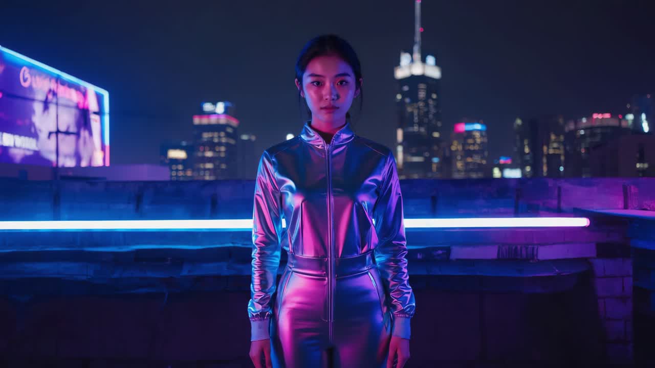 Woman in Futuristic Silver Suit on Neon-Lit City Rooftop at Night