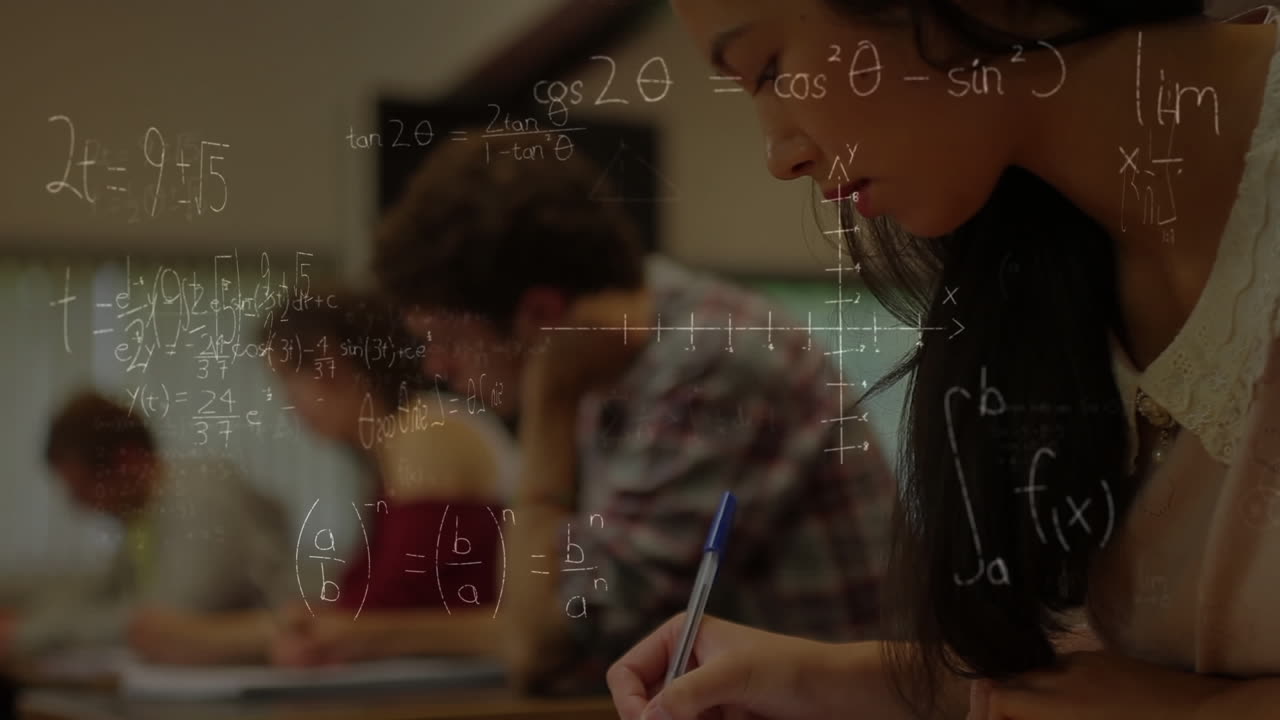 Composition of students working with mathematics symbols in foreground