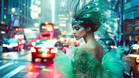 a woman in a green dress with feathers on her head in the middle of a city street