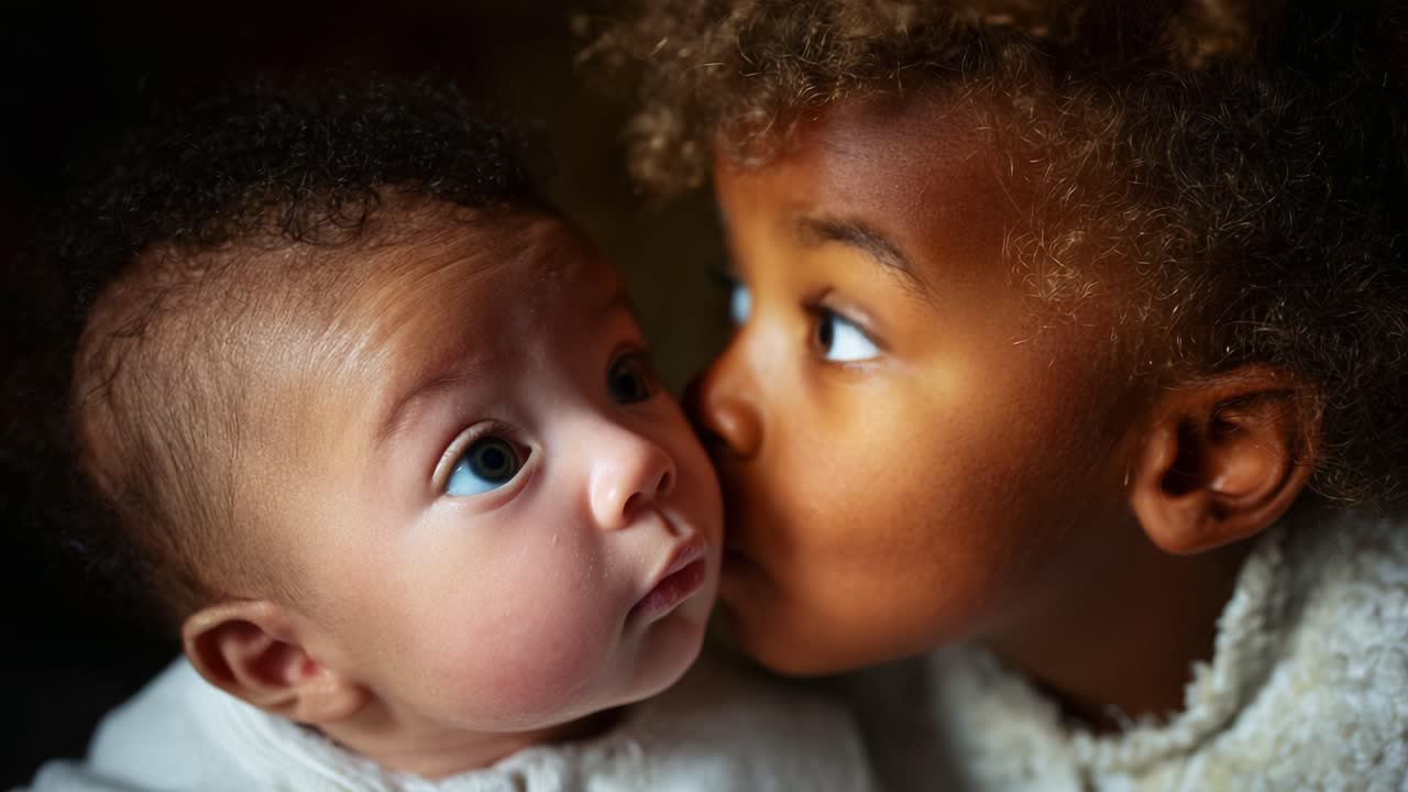 Momenti toccanti: due bambini si scambiano un bacio affettuoso, catturando affetto e innocenza allo stato puro in una tenera dimostrazione di legami e amore infantili