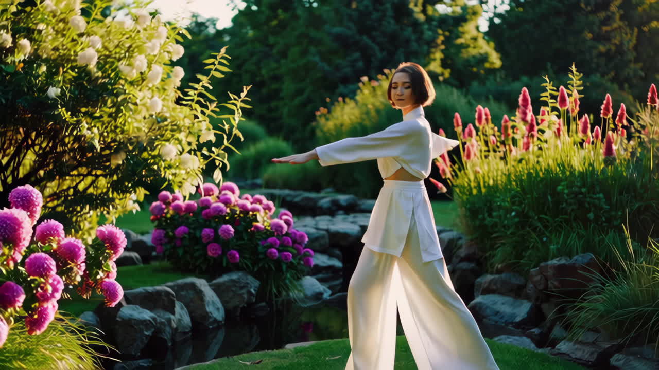 Woman Practicing Tai Chi in a Garden