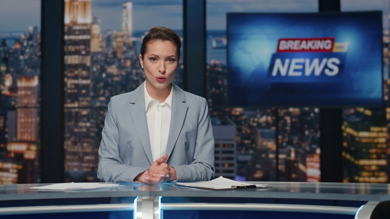 apresentadora de notícias terminando as notícias noturnas na tv. apresentadora feminina saindo do estúdio da noite