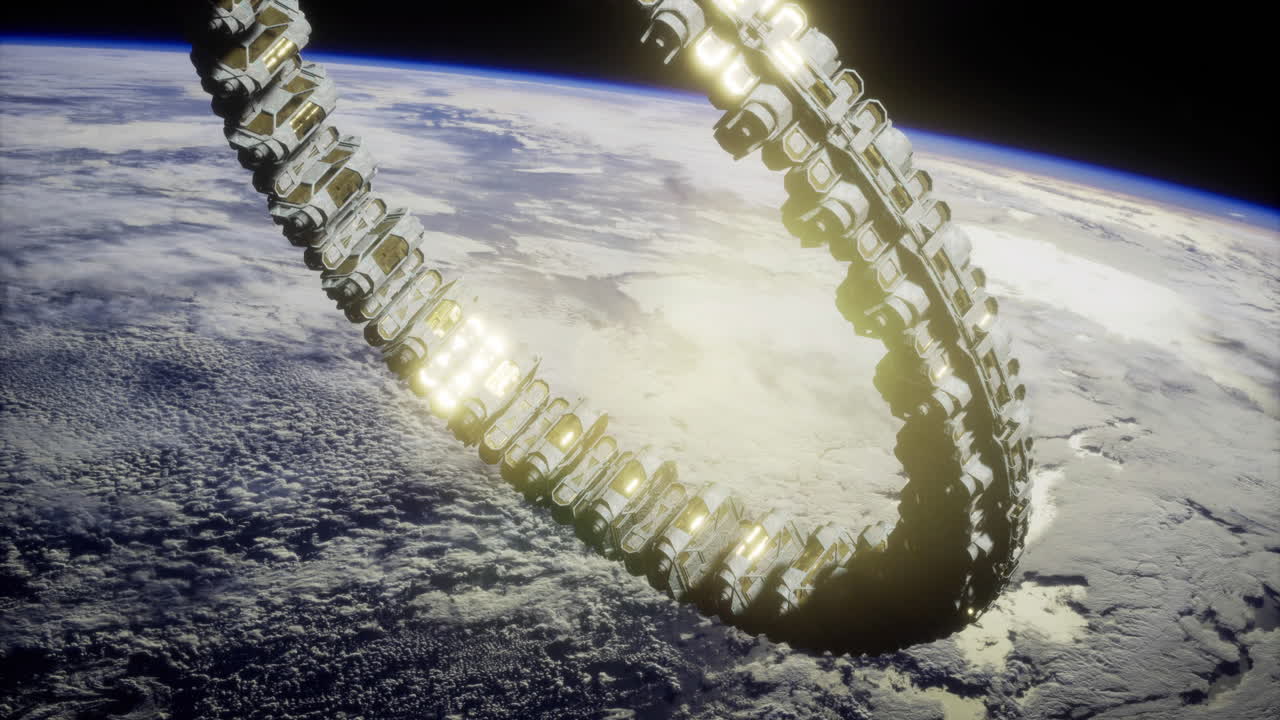 Space habitat ring orbiting earth showcases advanced engineering and design