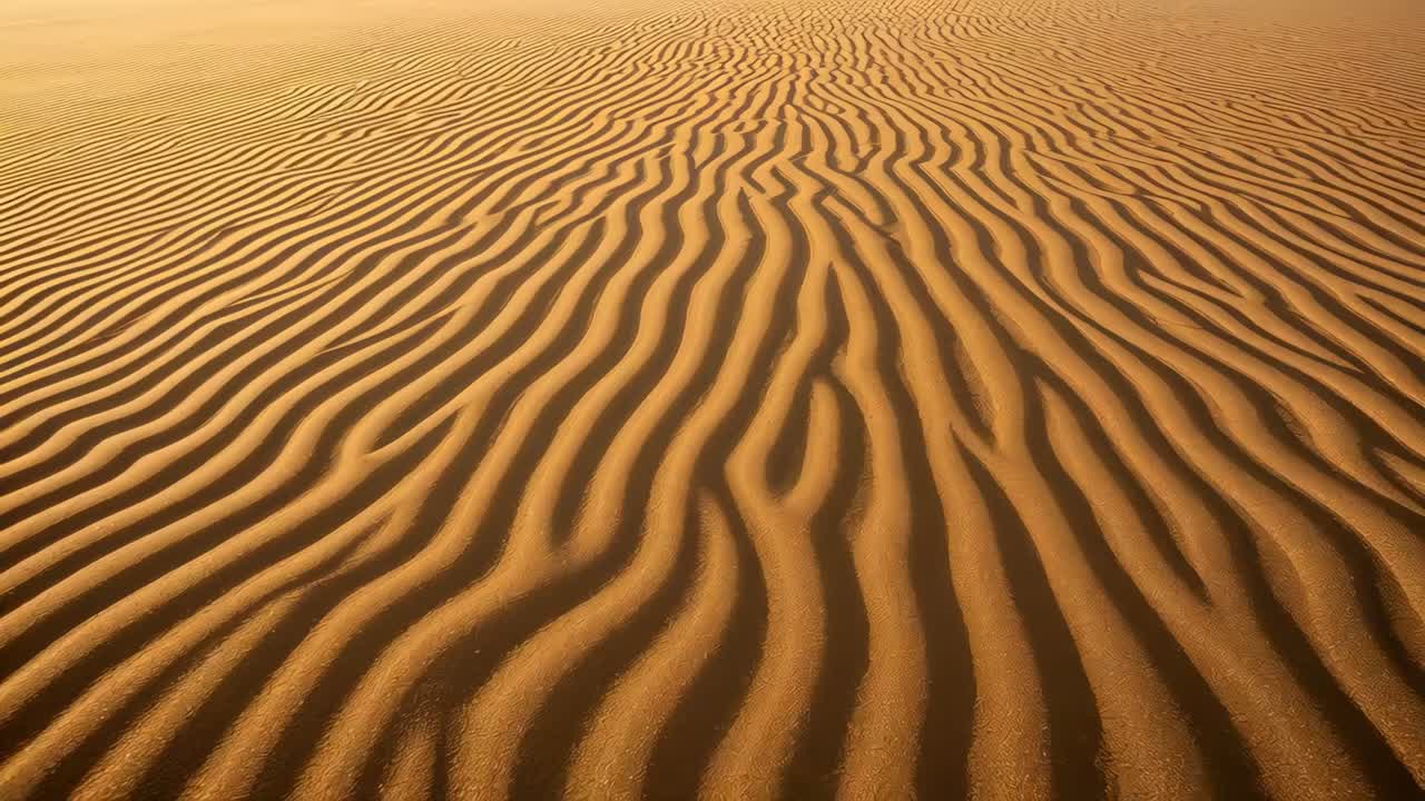 Moving camera revealing wind-sculpted sand ripples across dune in desert, to highlight shadows