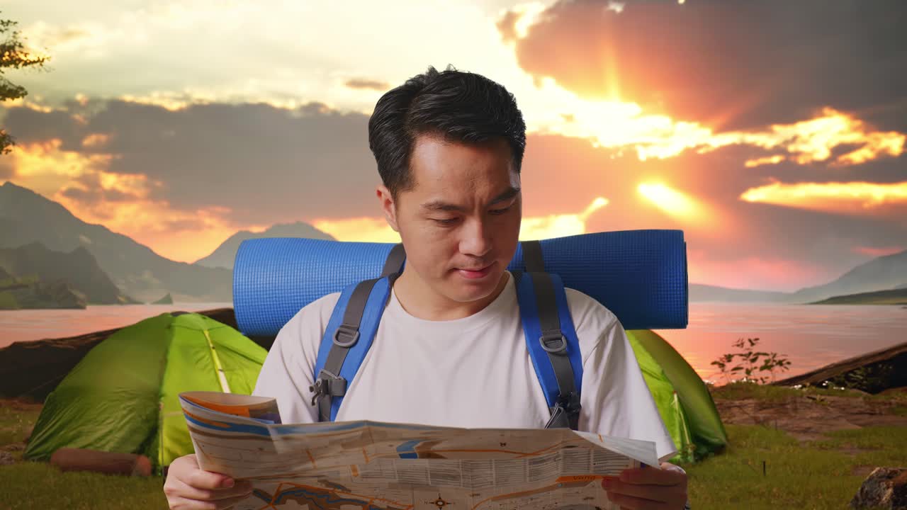 Happy Traveler Reading Map at Sunset