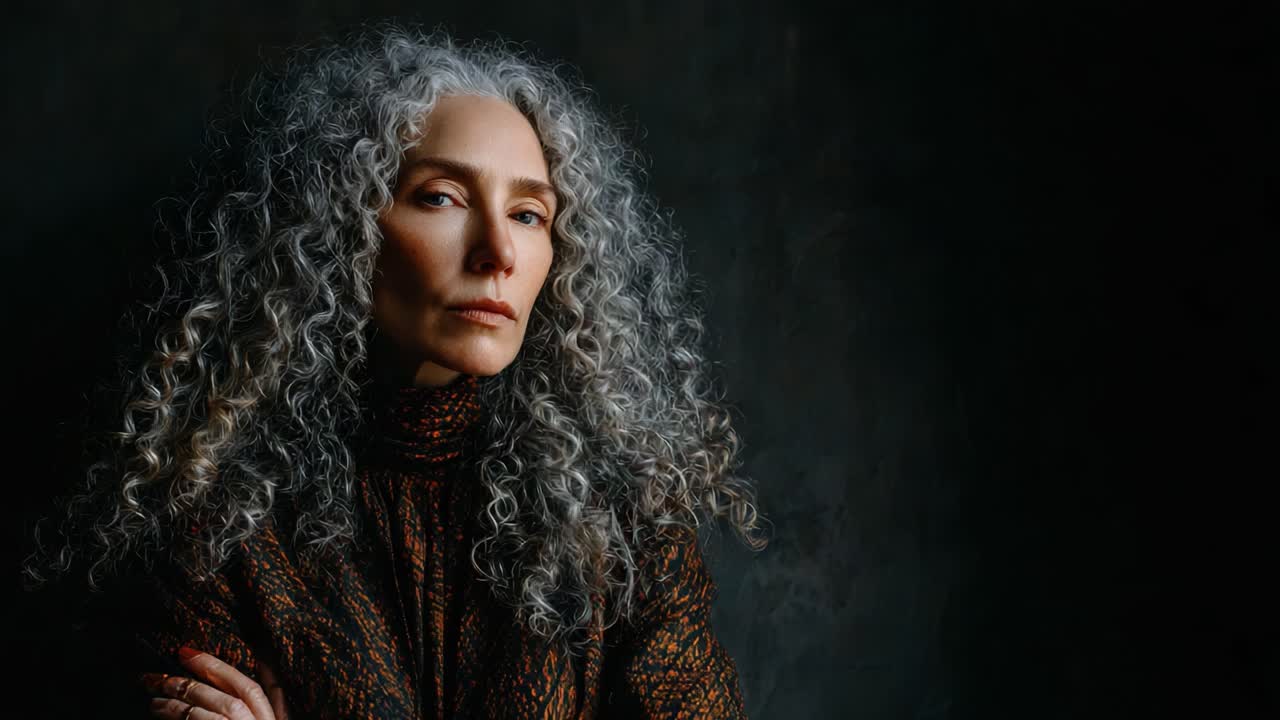 Elegant Portrait of a Woman with Beautiful Curly Gray Hair and Intense Expression in a Dark Background, Capturing Poise and Character in Artistry