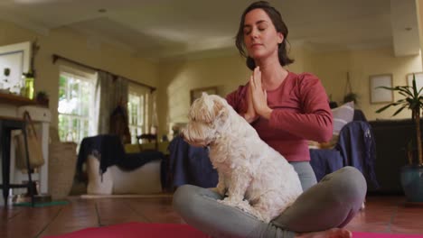 caucasian woman practicing yoga with her pet dog at home