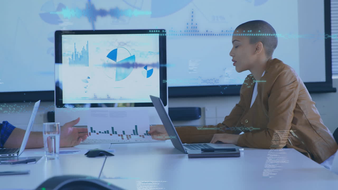 Animation of financial data processing over diverse business people in office