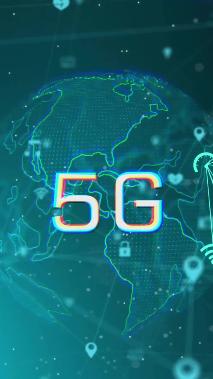 Animazione di un globo con 5G su rete di connessioni con icone su sfondo nero
