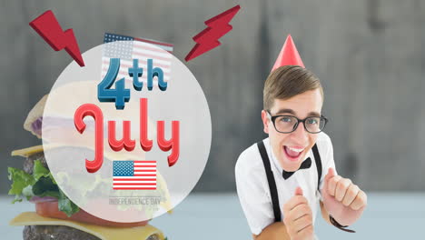 animation of 4th of july text over smiling man in party hat and hamburger