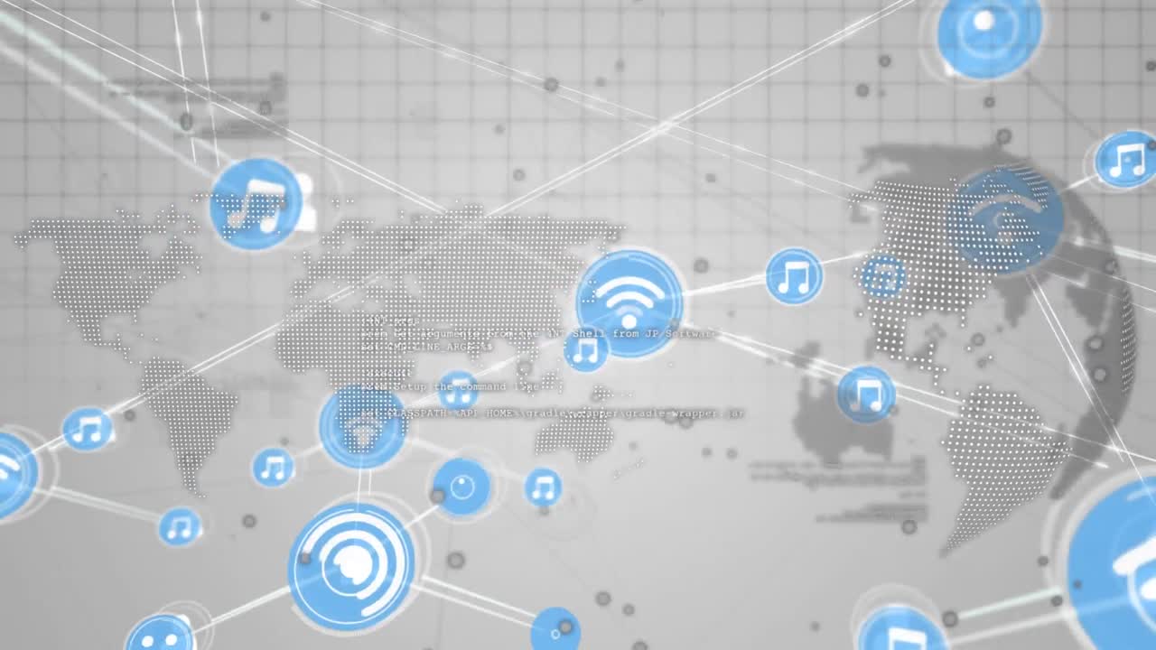 animación de una red de iconos digitales sobre un globo giratorio y un mapa del mundo sobre un fondo gris.