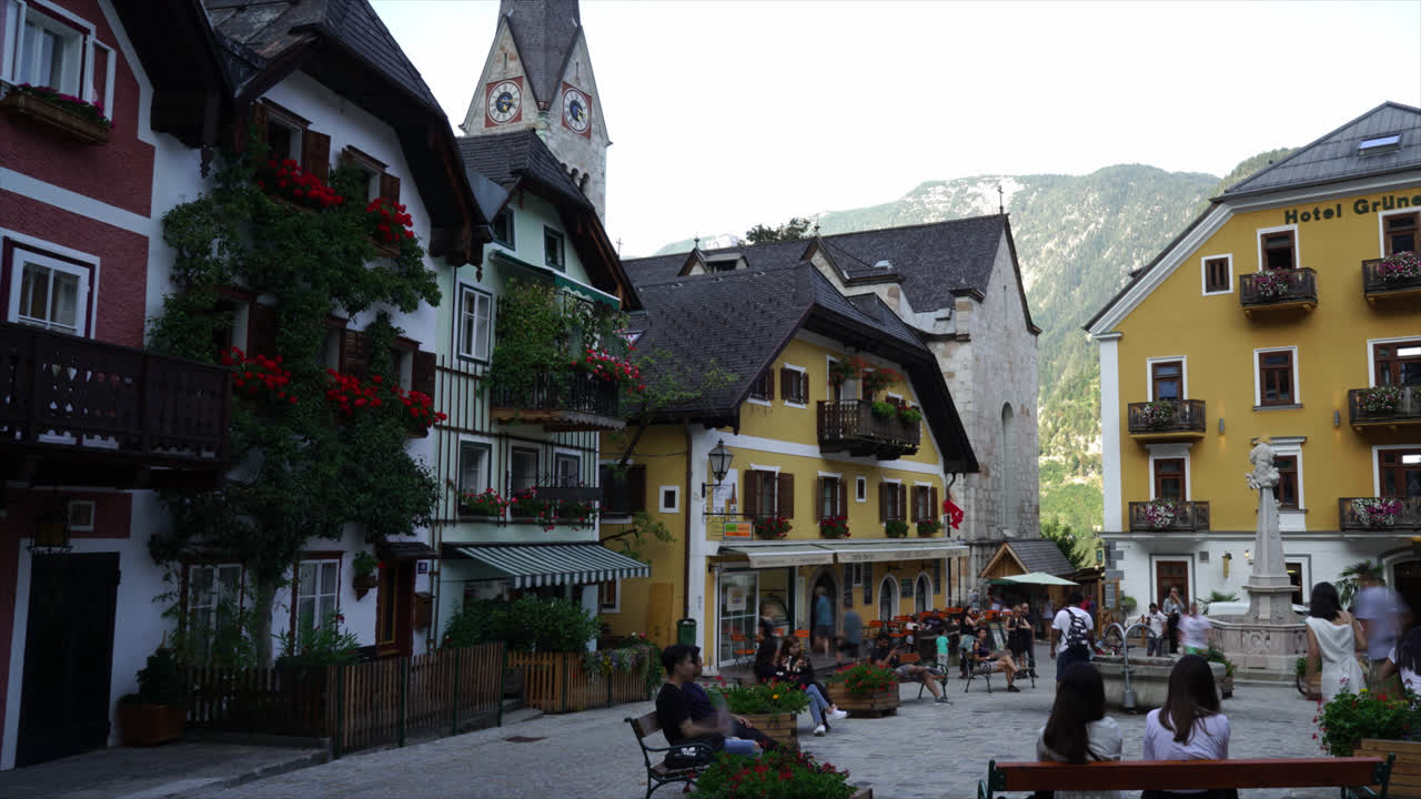 Hallstatt Austria, circa : Timelapse Old Town in Hallstatt, Austria