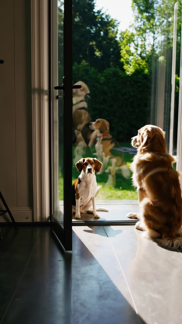 Two dogs, a Beagle and a Golden Retriever, looking out a glass door into a sunny backyard