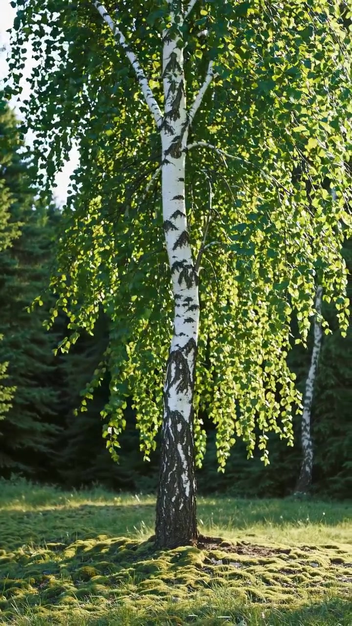 La luce del sole illumina una betulla con foglie verdi in una foresta