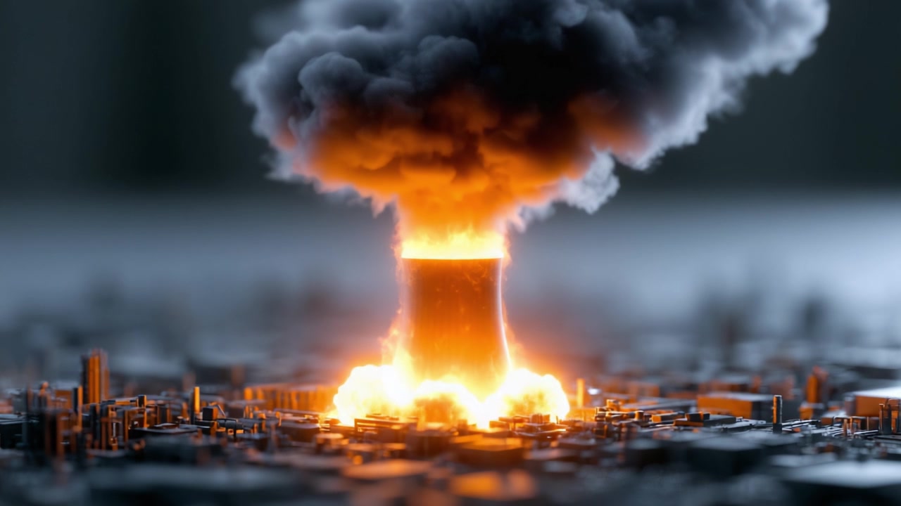 Ein katastrophales nukleares Ereignis entfaltet sich, als eine riesige Rauchwolke aus einer Explosion aufsteigt und die Skyline in Flammen und Chaos hüllt, was die zerstörerische Kraft menschlicher Innovationen zeigt