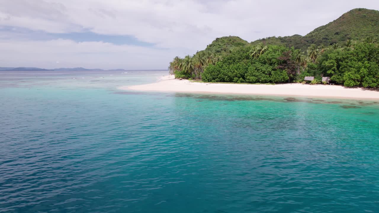 Drone Shot of Serene Tropical Scenery, White Sand, Turquoise Sea and Green Landscape, Iloc Island, Palawan, Philippines