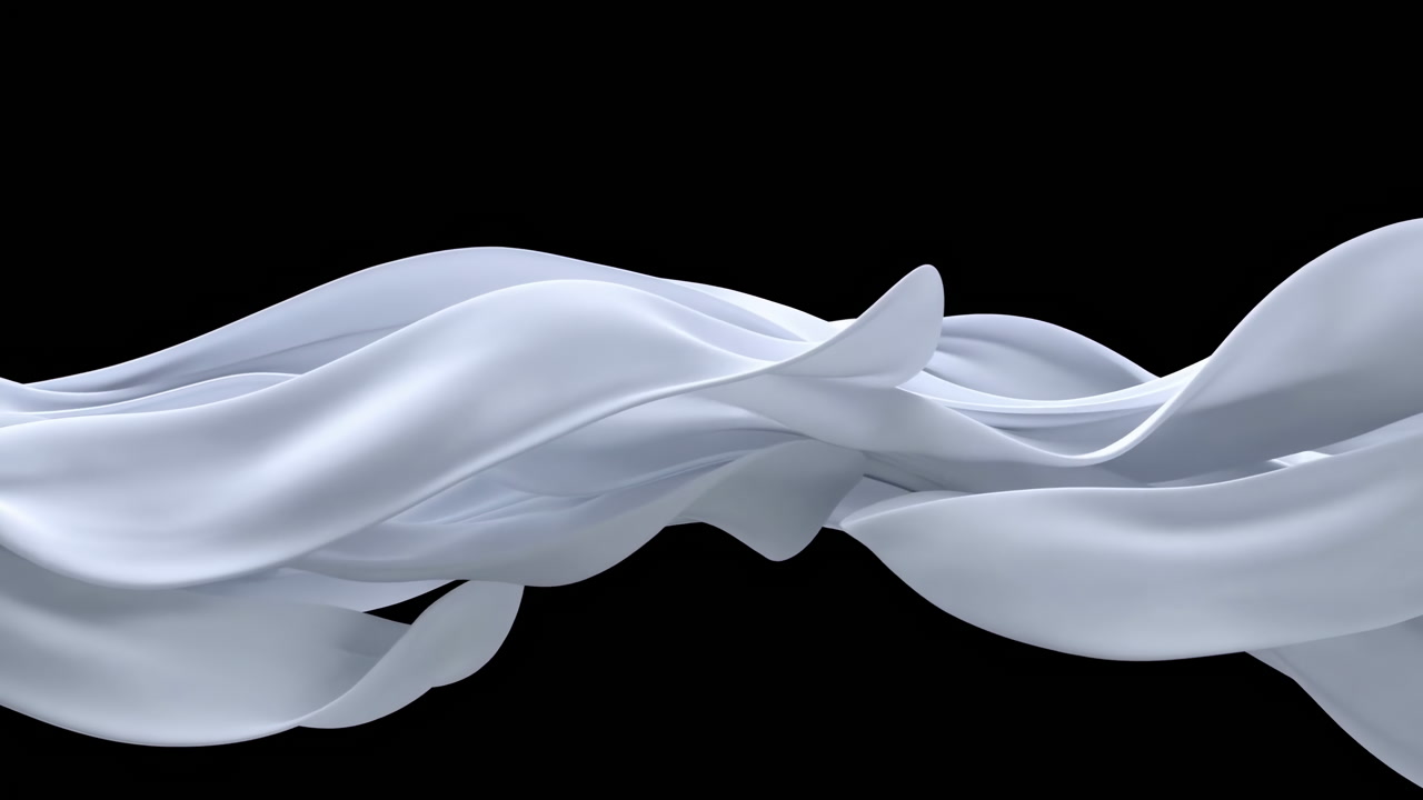 White Silk Smoke Flowing Across Frame, Ethereal Ribbons Undulate In Slow Motion Over Black Background,