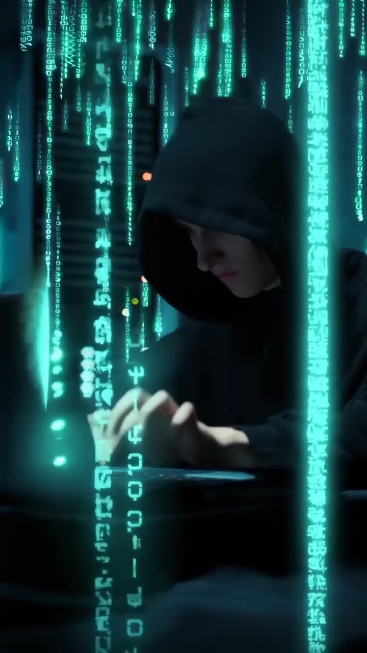 Hacker in hoodie typing on laptop, surrounded by digital code