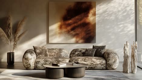 modern living room with snake skin sofa and abstract art