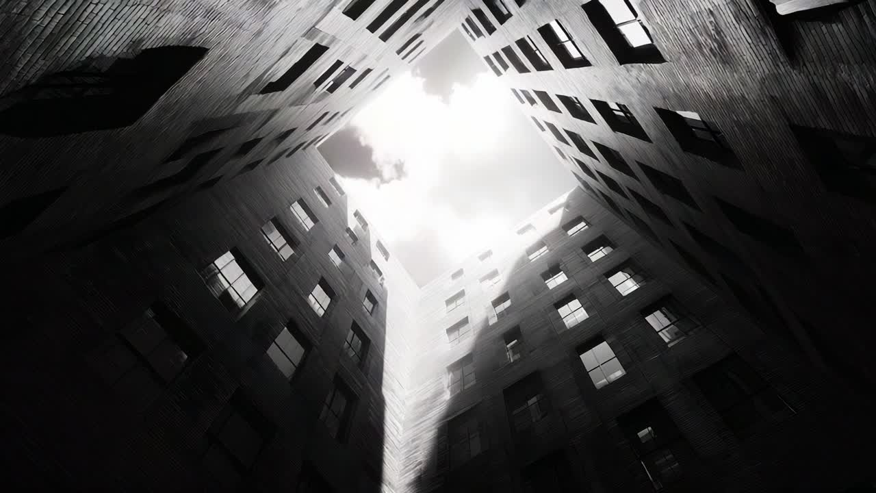 Exploring an Urban Courtyard: A Unique Perspective from the Ground Looking Up Through Tall Buildings and a Dramatic Opening to the Sky in Black and White