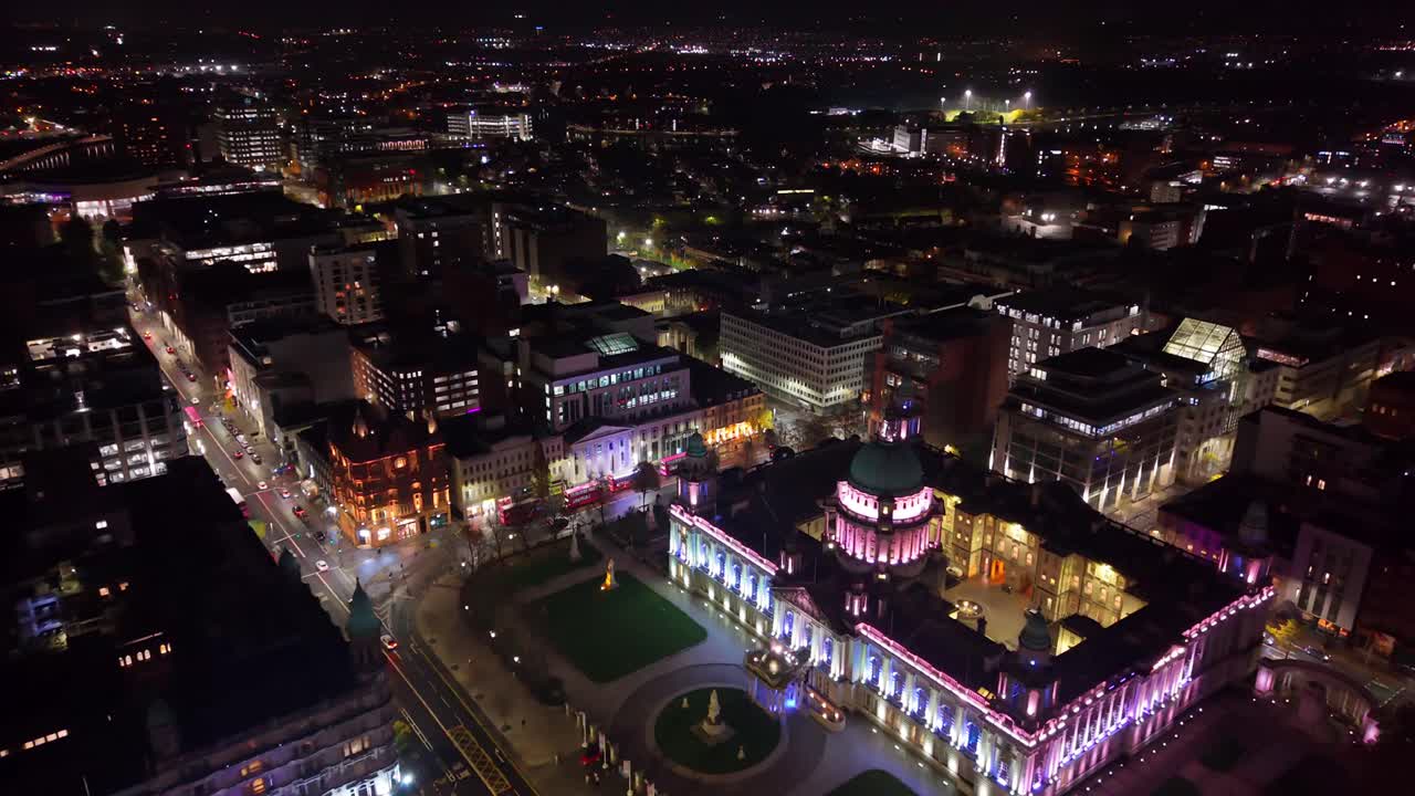 4K 60FPS ultra-wide aerial of the Belfast City Hall and the surrounding area at night. Produced in Northern Ireland with Rec709 color profile